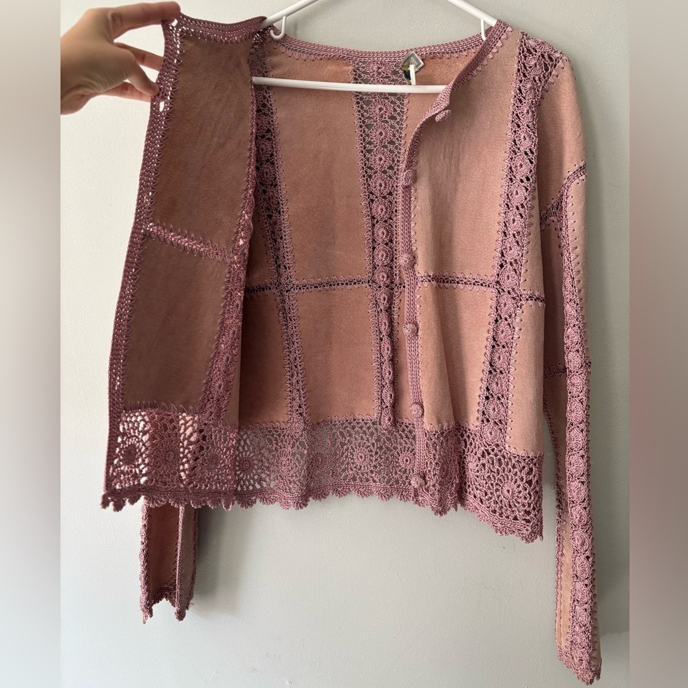 Y2K Fairycore Pink Suede crochet cottage Boho Knitwear Festival cardigan - Large - Picture 10 of 12